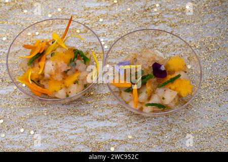 Degustation Vorspeisen für Besucher von großen Köchen der französischen Haute Cuisine Restaurants, Winterfestival, Avenue de Champagne, Epernay, Frankreich Stockfoto