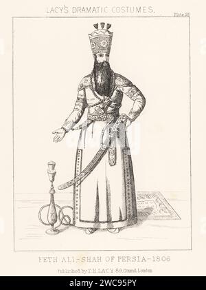 Fath-Ali Schah Qajar, zweiter schah von Qajar Iran, 1769-1834. In hoher Krone mit schwarzen Reihfedern, gesticktem Seidenkleid, Säbel, Dolch, Gürtel und Bazuband-Armausgleich neben einem Teppich und einer Wasserpfeife. Feth Ali, Schah von Persien, 1806. Lithografie aus Thomas Hailes Lacy's männliche Kostüme, Historical, National and Dramatic in 200 Plates, London, 1865. Lacy (1809–1873) war ein britischer Schauspieler, Dramatiker, Theatermanager und Verleger. Stockfoto