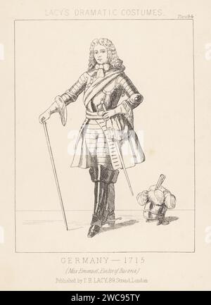 Maximilian II. Emanuel oder Max Emanuel, Kurfürst von Bayern, 1662–1726. In Puderperücke, Kürass, Mantel, Reithose, Stiefeln, mit Stock, Schwert und gefedertem Ruder. Deutschland, 1715. Lithografie aus Thomas Hailes Lacy's männliche Kostüme, Historical, National and Dramatic in 200 Plates, London, 1865. Lacy (1809–1873) war ein britischer Schauspieler, Dramatiker, Theatermanager und Verleger. Stockfoto