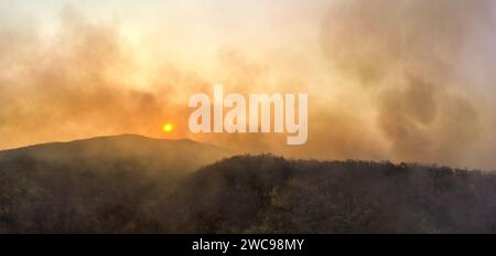 Waldbrände setzen Kohlendioxidemissionen (CO2) und andere Treibhausgase (THG) frei, die zum Klimawandel und zur globalen Erwärmung beitragen. Luftaufnahme. Stockfoto