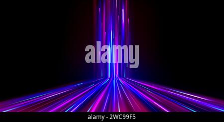 Neonfaser mit High-Speed-Bewegungseffekt. Blaue und violette Streifen des Datennetzes oder des Energieflusses. Realistische Vektorillustration der Moderne Stock Vektor