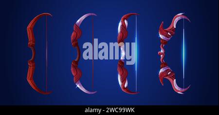 Bogenschießbogen mit unterschiedlicher Komplexität und Dekor für den ui-Level-Bereich des Spiels. Zeichentrickvektor-Satz von hölzernem und metallischem Bogenschützen mit glühender Bowdenschnur. Fantasie Stock Vektor