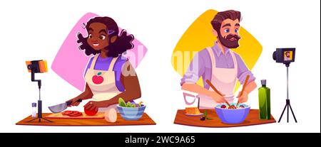 Food Blogger kochen gesunde Lebensmittel auf Kamera isoliert auf weißem Hintergrund. Vektor-Karikaturillustration von Amateurkochmann und Frau, die Küche streamen Stock Vektor