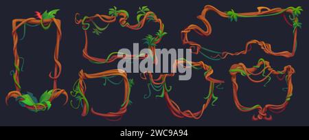 Rahmen und Rahmen aus verdrehtem und verwickeltem Lianenzweig mit grünen Blättern. Cartoon-Vektor-Regenwald-Baumstamm in rechteckiger und kreisförmiger Form. Stock Vektor