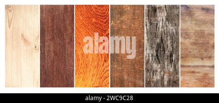Sammlung von hölzernen Bannern mit alter Holzstruktur in verschiedenen Farben. Set aus Holzbrettern in braunen, dunkelbraunen, orangen und beigen Farben Stockfoto