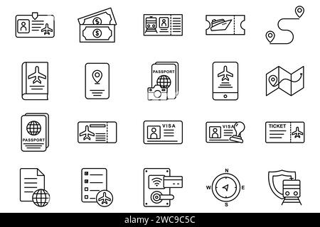 Symbolgruppe für Reisedokumente. Reisepass, Bordkarte, Visum, Straßenkarte, Personalausweis, usw. Design mit Liniensymbolen. Einfache Vektorkonstruktion bearbeitbar. Element illust Stock Vektor