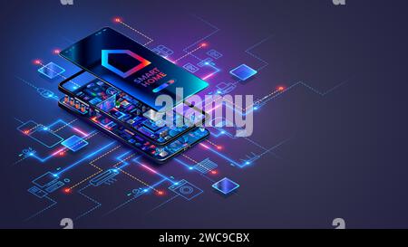 Isometrisches Konzept der iot-Systemtechnologie für das intelligente Zuhause. Intelligente Geräte, falls Smartphone mit Internet verbunden ist. Smart Home mit KI-Systemsteuerung IoT Stock Vektor
