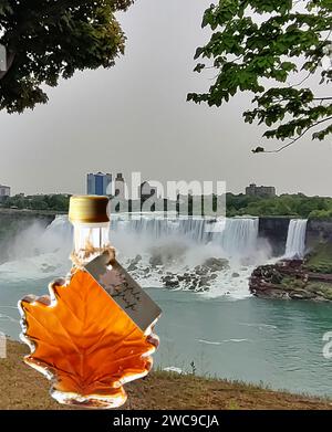 Ahornsirup in einer Ahornblatt-Form Flasche mit handgeschriebenem Tag/Niagarafälle Hintergrund/Kanada Stockfoto