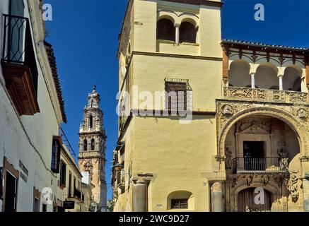 Palacio de Valdehermoso, Torre de San Juan Bautista in der Ferne, in Ecija, Provinz Sevilla, Andalusien, Spanien Stockfoto