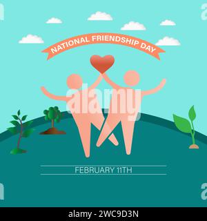 Der nationale Freundschaftstag im Februar wurde am 11. Februar gefeiert. Vektorbanner, Flyer, Poster und Vorlagen für soziale Medien. Stock Vektor