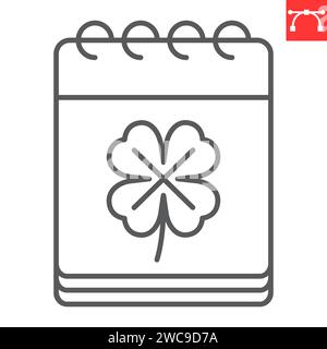 St. Patrick's Day Kalenderlinie Symbol, Feiertage und Erinnerung, Kalender mit Klee Vektor Symbol, Vektorgrafiken, bearbeitbares Strichumrisszeichen, eps 10. Stock Vektor