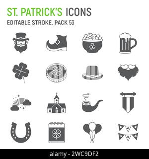 St. Patrick's Day Glyphe Icon Set, Feiertagskollektion, Vektorgrafiken, Logo-Illustrationen, irische Vektorsymbole, patricks Tagesschilder, solide Piktogramme, bearbeitbarer Schlaganfall Stock Vektor