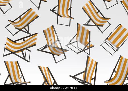 Viele der fliegenden gestreiften Liegestühle isoliert auf weißem Hintergrund. 3D-Darstellung von Sommerurlaubskonzept, Strand- und Ozeanurlaub, Sommerurlaube Stockfoto