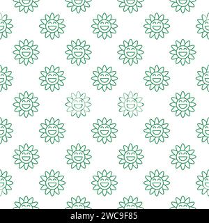 Retro lustige lächelnde Daisy Blume Vektor Konzept Umriss minimales nahtloses Muster im Groovy Stil Stock Vektor