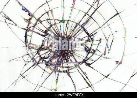 Spuren von Stößen und Rissen auf einem kaputten weißen LCD-Bildschirm, Computermonitor oder Fernseher Stockfoto