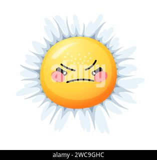Cartoon Kamillenlächeln, Gänseblümchen oder wütende Kamillenfigur, Vektor-Emoji-Gesicht. Baby-Emoticon mit Kamille oder Gänseblümchenblüte und unglücklichem Lächeln für Kindermaskottchen oder Kindergarten Stock Vektor