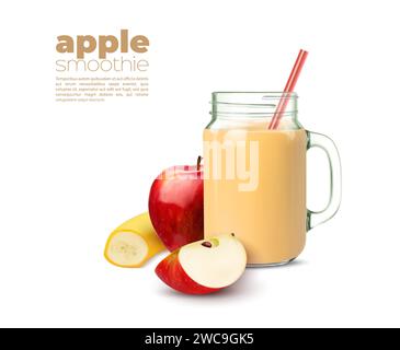 Bananen- und Apfel-Smoothie oder Saft. Isolierter 3D-Vektor gesundes, belebendes Getränk. Eine erfrischende Mischung aus Reifen Bananen und knusprigen Äpfeln im Glas mit Strohhalm sorgt für einen fruchtigen Geschmack Stock Vektor