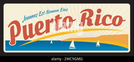 Puerto Rico, US-Reiseplatte, Meereslandschaft. Retro-Schild der Region der Vereinigten Staaten von Amerika, altes Schild mit Inschrift Vintage Typografie, Vektorschiffe auf Wasser. Karibikinsel, San Juan Stock Vektor