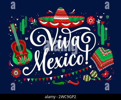 Viva Mexico Banner mit Sombrero Hut, Mariachi Gitarre und Poncho, Vektor Hintergrund. Mexikanisches feiertagsfest-Banner mit Chili- und Jalapeno-Paprika, Kakteen und Blumen oder Papel-Picado-Flaggen Stock Vektor