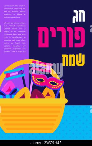 Alles Gute, Purim. Jüdischer Feiertagshintergrund und Karnevalskarten mit Karnevalsmasken und traditionellen jüdischen Gegenständen. Happy Purim auf Hebräisch Stock Vektor