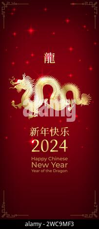 Glückliches chinesisches Neujahr 2024, 24. Goldener Drache. Sternzeichen auf rotem Hintergrund. Greetind-Einladungskarte. Festival-Banner-Design. Übersetzung glücklich neu Stock Vektor