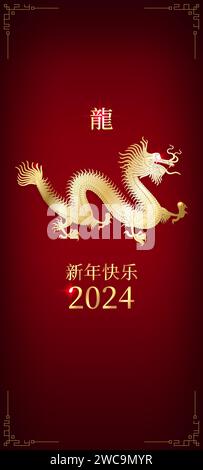 Glückliches chinesisches Neujahr 2024, 24. Goldener Drache. Sternzeichen auf rotem Hintergrund. Greetind-Einladungskarte. Festival-Banner-Design. Übersetzung glücklich neu Stock Vektor