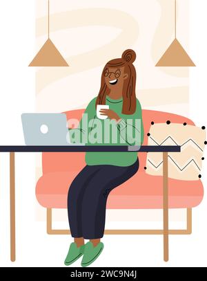 Cartoon Freelancer. Mitarbeiter am Laptop. Frau, die zu Hause arbeitet. Freiberufliche Fernarbeit. Online-Technologie. Komfortabler Arbeitsplatz. Büro im Inland Stock Vektor