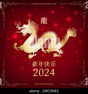 Glückliches chinesisches Neujahr 2024, 24. Goldener Drache. Sternzeichen auf rotem Hintergrund. Greetind-Einladungskarte. Festival-Banner-Design. Übersetzung glücklich neu Stock Vektor