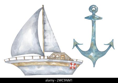 Aquarellset mit Segelboot und Anker. Handgezeichnete Illustrationen zum Seeverkehr. Seetransport, Voyage Clipart Stockfoto