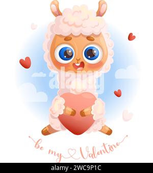Niedliches Tier Lama Alpaca mit Herz. Vektor-Illustration romantischer valentinstag im Cartoon-Stil Stock Vektor