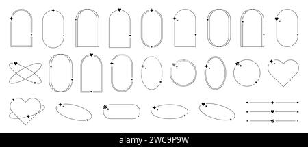 Ästhetische Rahmen im trendigen y2k-Stil mit Aura und Trennelementen. Set aus runden, ovalen und bogenförmigen Rändern. Minimalistische isolierte Vektorelemente auf weißem Hintergrund. Stock Vektor