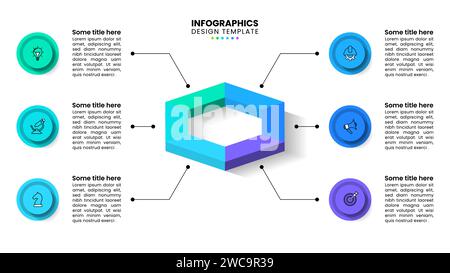 Infografik-Vorlage mit Symbolen und 6 Optionen oder Schritten. Isometrisches Sechseck. Kann für Workflow-Layout, Diagramm, Banner und Webdesign verwendet werden. Vektorillustr Stock Vektor