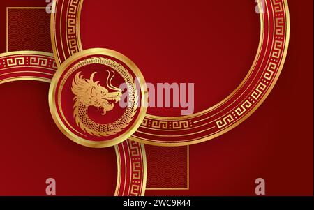 „Happy Chinese New Year 2024 Dragon Zodiac“-Schild mit goldener Papierschnitthöhe und Kunsthandwerk auf farbigem Hintergrund (Chinesische Übersetzung: Frohes neues Jahr 2024, Stock Vektor