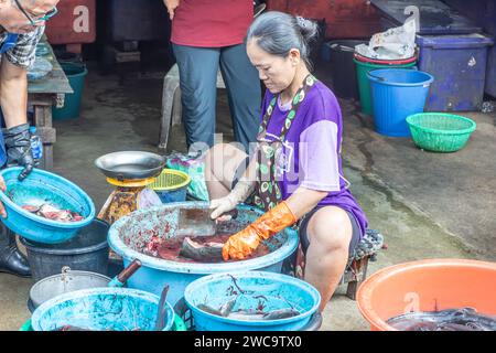 Eine Dame, die Fisch auf dem Mae Klong Eisenbahnmarkt in Thailand putzt und schneidet. Stockfoto