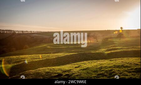 Spuren von Häusern im verlassenen mittelalterlichen Dorf Wharram Percy in North Yorkshire, Großbritannien Stockfoto