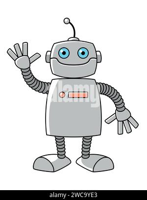 Roboter, Farbvektor-Karikaturillustration eines humanoiden Roboters mit winkender Hand, isoliert auf weiß Stock Vektor
