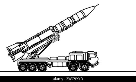 Mobiles Raketensystem, Raketenfahrzeug. Ballistische Raketenwerfer. Eine Zeilenzeichnung für verschiedene Verwendungszwecke. Vektorabbildung. Stock Vektor