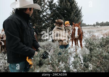 Dad schneidet den weihnachtsbaum, während Mama und Baby zusehen Stockfoto