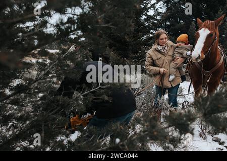 Dad schneidet den weihnachtsbaum, während Mama und Baby zusehen Stockfoto