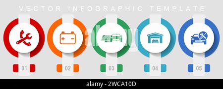 Flaches Design für Fahrzeugserien, verschiedene Symbole wie Werkzeuge, Werkstatt, Batterie und erneuerbare Energien, Vektor-Infografik-Vorlage, Web-Schaltflächen Stock Vektor