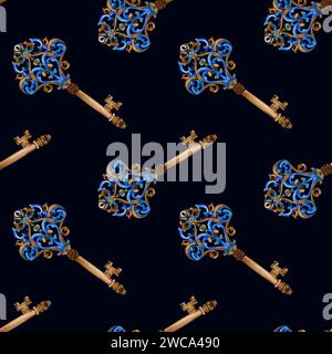 Antike Schlüssel mit nahtlosem Muster in Aquarellfarben auf dunklem Hintergrund. Rostiger Eisenschlüssel, Vintage-Illustration. Für Ihre Designstoffe, Geschenkpapier Stockfoto