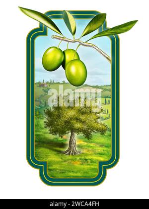Olivenöletikett mit einer wunderschönen Landschaft. Digitale Illustration, Beschneidungspfad enthalten. Stockfoto
