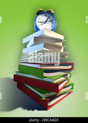 Riesiger Stapel Papierkram mit Wecker auf der Oberseite. Digitale Illustration. Stockfoto
