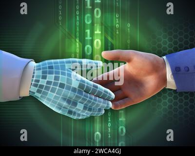 Virtueller Handschlag zwischen zwei Geschäftsleuten. Digitale Illustration. Stockfoto