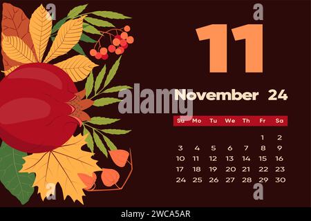 Kalendervorlage „Floral November 2024“. Mit bunten Blumen und Blättern. Bearbeitbare Seitenvorlage mit Illustrationen. Vektornetz. Die Woche beginnt am Sonntag. Stock Vektor