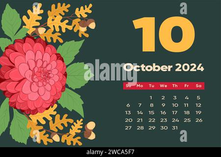 Kalendervorlage „Floral Oktober 2024“. Mit bunten Blumen und Blättern. Bearbeitbare Seitenvorlage mit Illustrationen. Vektornetz. Die Woche beginnt am Sonntag. Stock Vektor