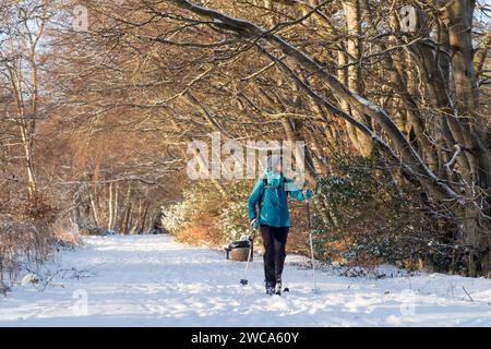 Wetter UK Aberdeen, Schottland, UK. Januar 2024. Ein Pendlerskifahrer, der auf dem Deeside Way-Fußweg arbeitet, nach starkem Schnee in Ostschottland, Cults Aberdeen Scotland heute Morgen. Credit Paul Glendell Credit: Paul Glendell/Alamy Live News Stockfoto