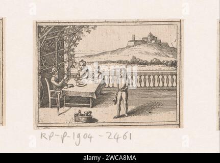 Familie am Tisch mit Schloss im Hintergrund, Daniel Sudermann, nach Matthäus Merian (I), 1624 Papierätzburg. (Familie) Mahlzeit - CC - außerhalb der Türen (+ Form des gedeckten Tisches) Stockfoto