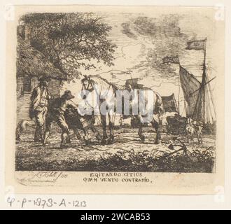 Das Pferd füttern, Dirk Langendijk, 1777 Druck auf einem Bauernhof, ein Mann stellt eine Krippe voll Heu vor ein gesatteltes Pferd. Ein Soldat beobachtet die Gesellschaft eines Hundes. Im Hintergrund sind ein Soldat zu Pferd und verschiedene Schiffe dargestellt, rechts im Vordergrund ein Anker. Papierätzhund. Pferd. Segelschiff, Segelboot. Der Soldat, das Leben des Soldaten Stockfoto