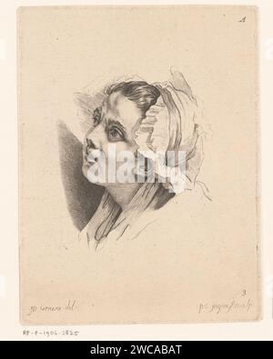 Kopf einer jungen Frau, nach links gedreht, Pierre Charles Ingouf, nach Jean-Baptiste Greuze, ca. 1766 Druck Frankreich Papier Radierung / Gravur Jugendliche, junge Frau, Jungfrau. Kopfbedeckung: Kappe (+ Damenbekleidung) Stockfoto